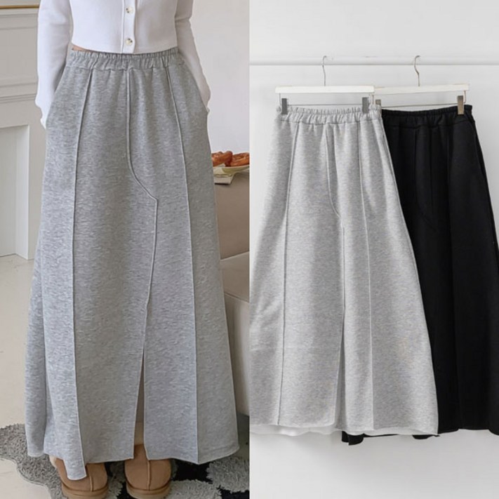 기모 앞절개 트임 롱스커트 허리 고무줄 밴딩 겨울 롱 치마 여성의류