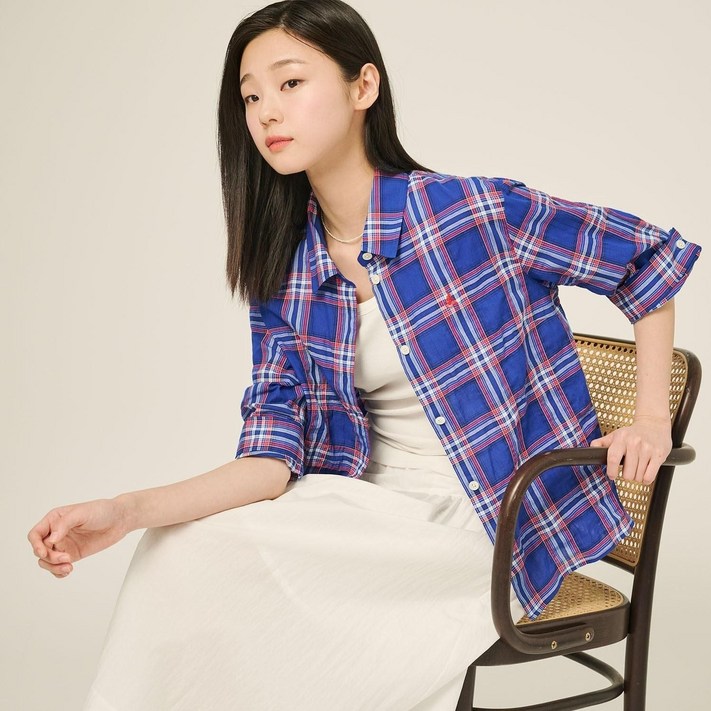 정품 빈폴 레이디스 체크 7부 소매 셔츠  블루 BF5564C02P 균일가 딜
