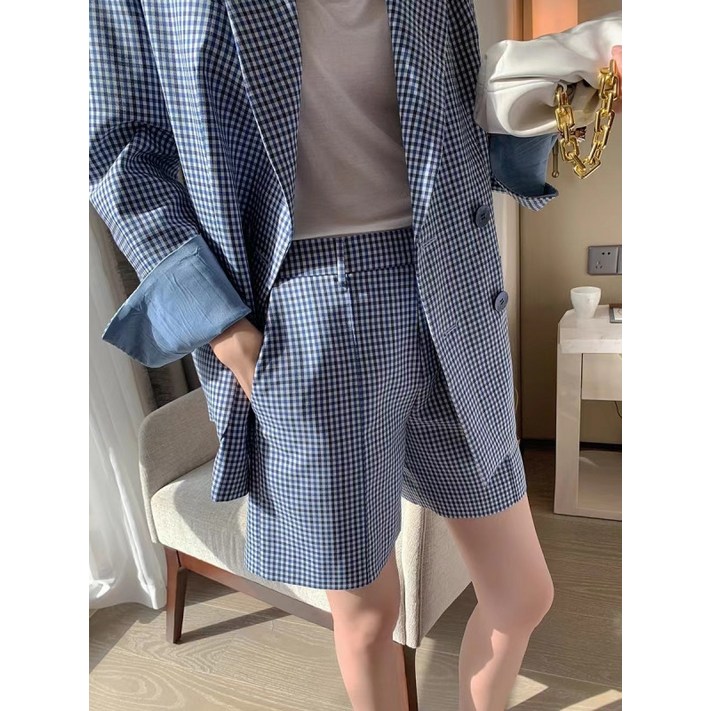 여성 블루 체크 투피스 자켓 반바지 정장세트 여름 캐주얼 오피스룩 코디