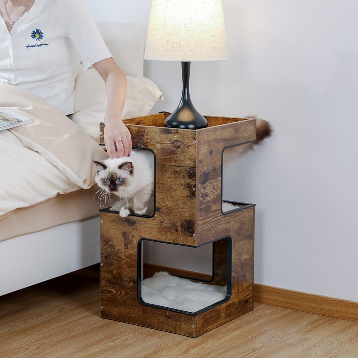 PAWZ Road  3단 모던 심플 원목 고양이 숨숨집 협탁, 복층 스크래쳐 캣 하우스