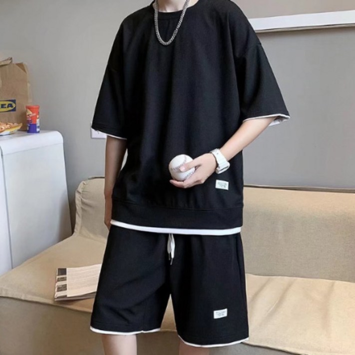 파쿠 여름 데일리 무지 레이어스 상하 반팔티셔츠 반바지 세트 파쿠 여름 데일리 무지 레이어스 상하 반팔티셔츠 반바지 세트