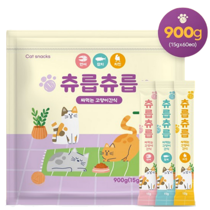 츄릅츄릅 짜먹는 츄르 고양이간식 60스틱 혼합팩 헤어볼케어, 연어치킨참치, 15g, 60개