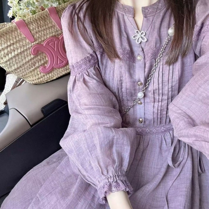 봄 가을 여성 긴팔 원피스 빈티지 하이웨이스트 원피스 캐주얼 롱 스커트 기질 리본 레이스 원피스 ZZL