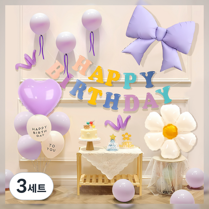 원그리드 생일 파티 풍선 세트, 3세트, 퍼플 리본플라워