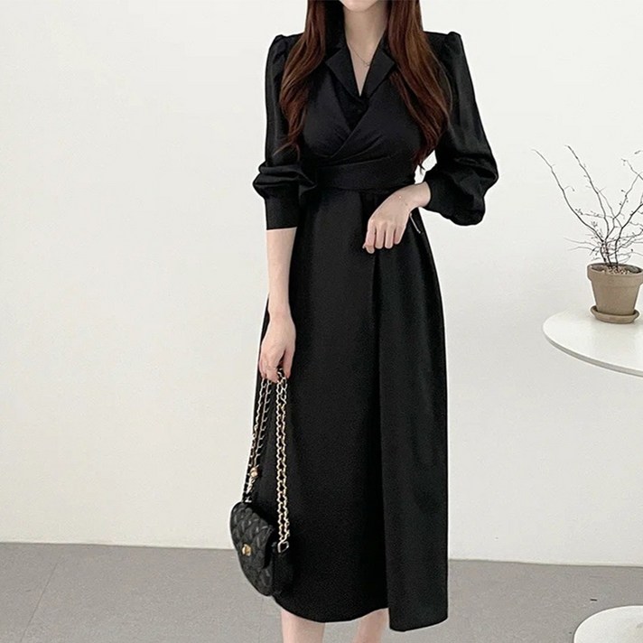 엘쏘 드레이프 랩 라펠 카라 퍼프 긴팔 플레어 롱 원피스