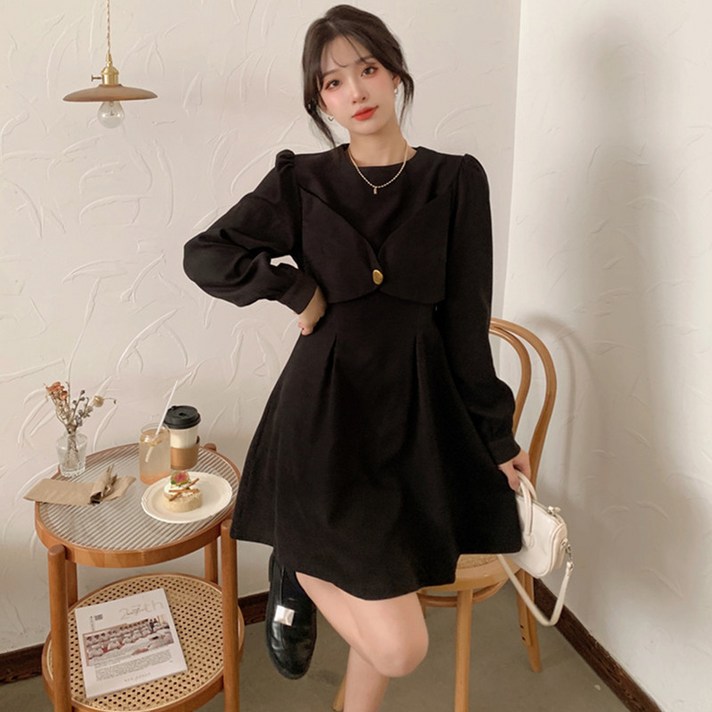 피어니스트 셔링 소매 라운드 미니 원피스 빅사이즈 포함