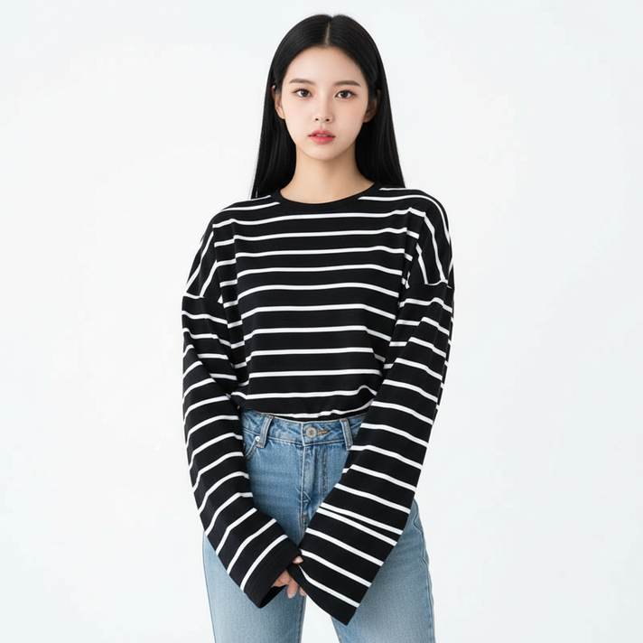 마켓피아 여성용 오버핏 스트라이프 크롭 긴팔 티셔츠