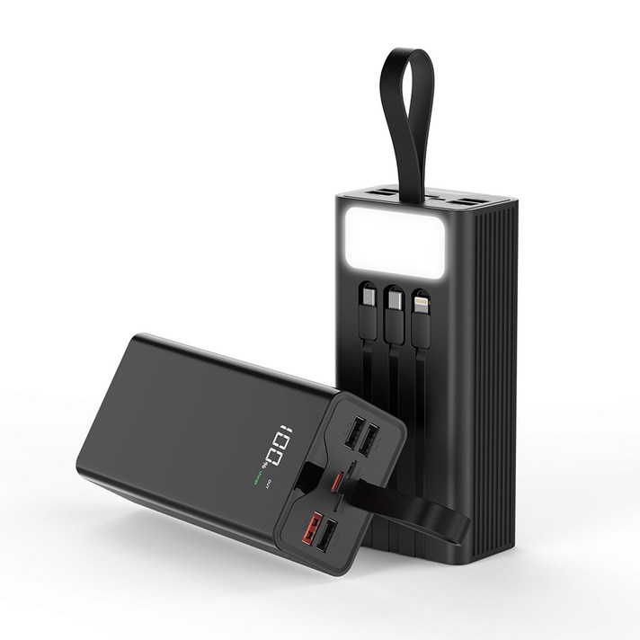 THOUSTA 대용량 보조배터리 50000mAh 고속충전 PD 22.5W 3개 충전선 내장 캠핑용 차박용 멀티단자, 블랙30000mAh THOUSTA 대용량 보조배터리 50000mAh 고속충전 PD 22.5W 3개 충전선 내장 캠핑용 차박용 멀티단자, 블랙30000mAh