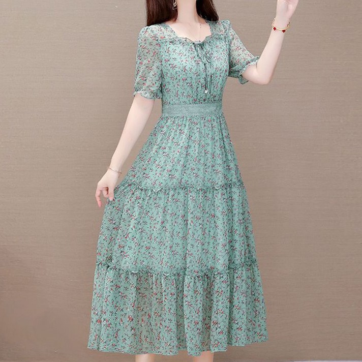 besteffie 여성용 롱 원피스 여름 꽃무늬 쉬폰 드레스 프릴 디테일 여행 휴가룩 데일리 스타일 K92