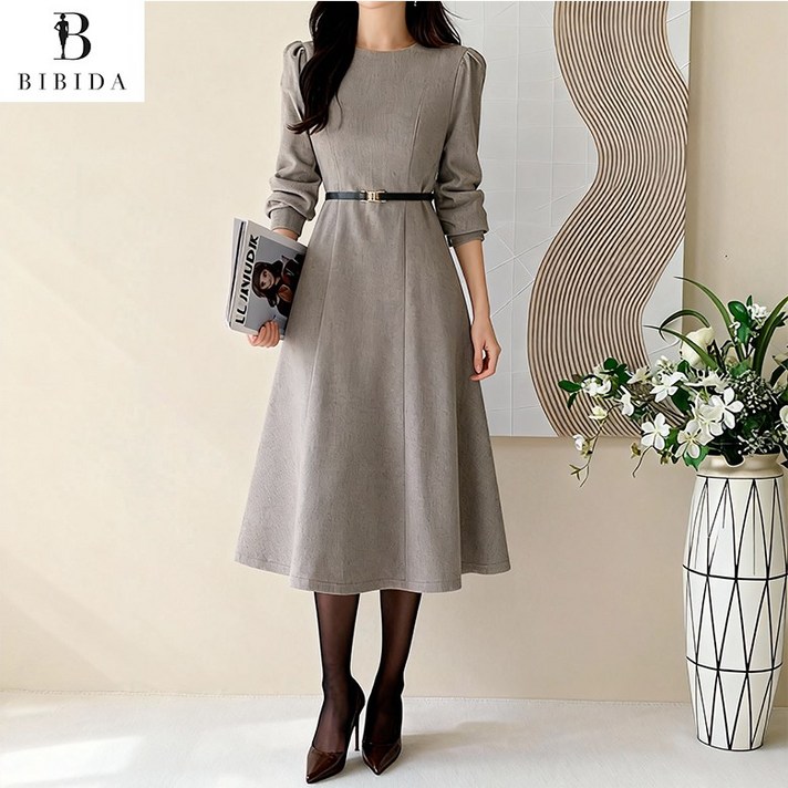 비비디아 여성용 퍼프소매 허리 벨트 헤링본 플레어 롱원피스 하객룩 데일리룩5583