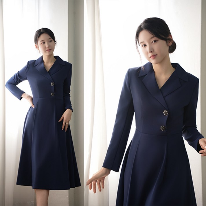 비비디아 네이비 롱원피스 여성 투버튼 자켓스타일 하객룩 오피스룩 단정한 정장 원피스 5539