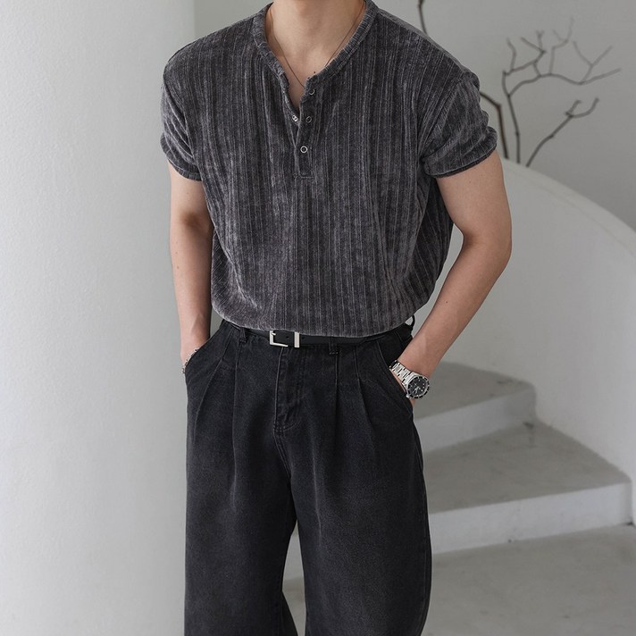 벨로아 헨리넥 머슬핏 골지 반팔 티셔츠4color