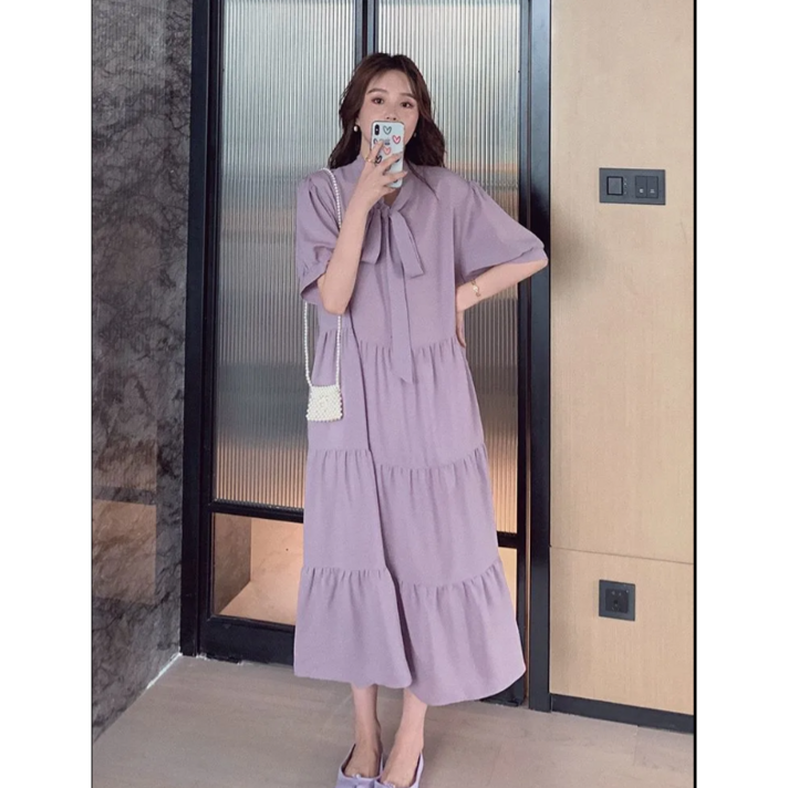 LEXIN 롱 원피스 A라인 스커트 박시 반팔 원피스