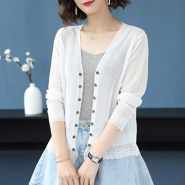 ASURE 여자 얇은 브이넥 니트 카디건 쇼트 아이템 자외선 차단 의류