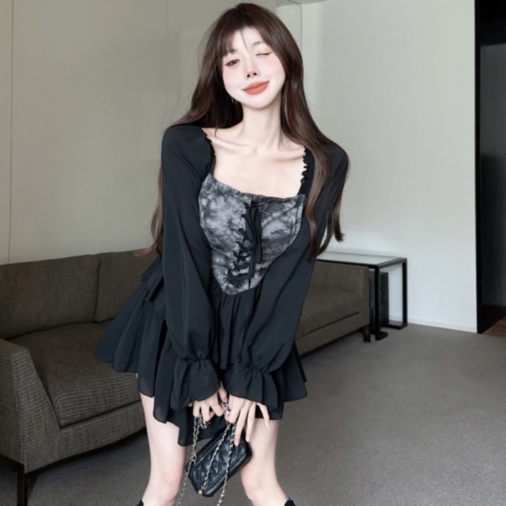 가을 다크 로맨스 나염 언발란스 스파게티 허리셔링 원피스 가을