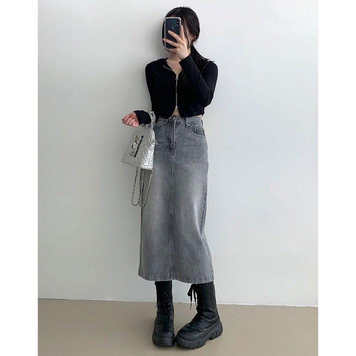 부기샵 2단기장 여성 커스 워싱 Y2K 롱 데님 스커트