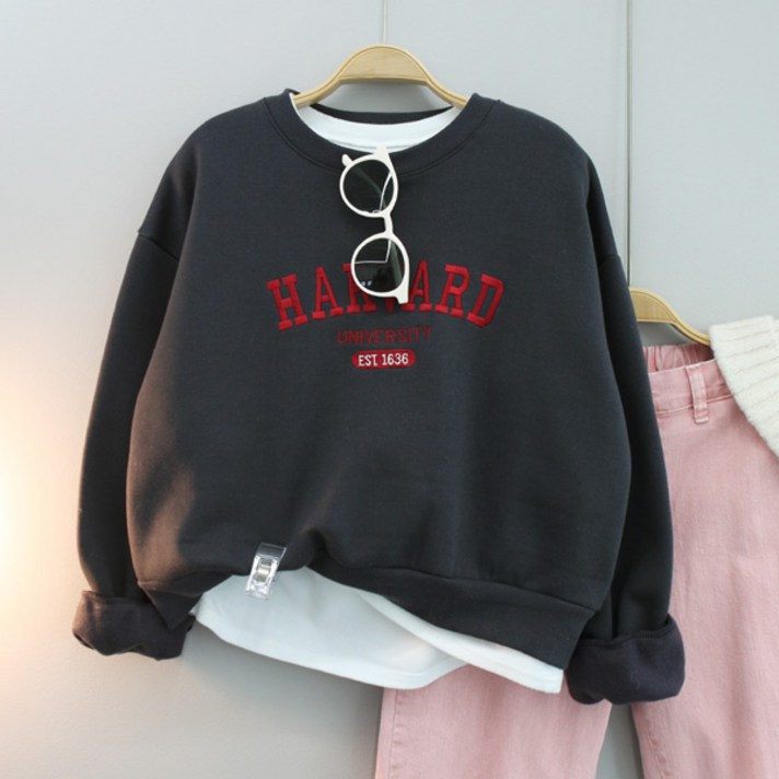 달콩 여성 기모맨투맨 겨울티 오버핏 하버자수크롭맨투맨기모