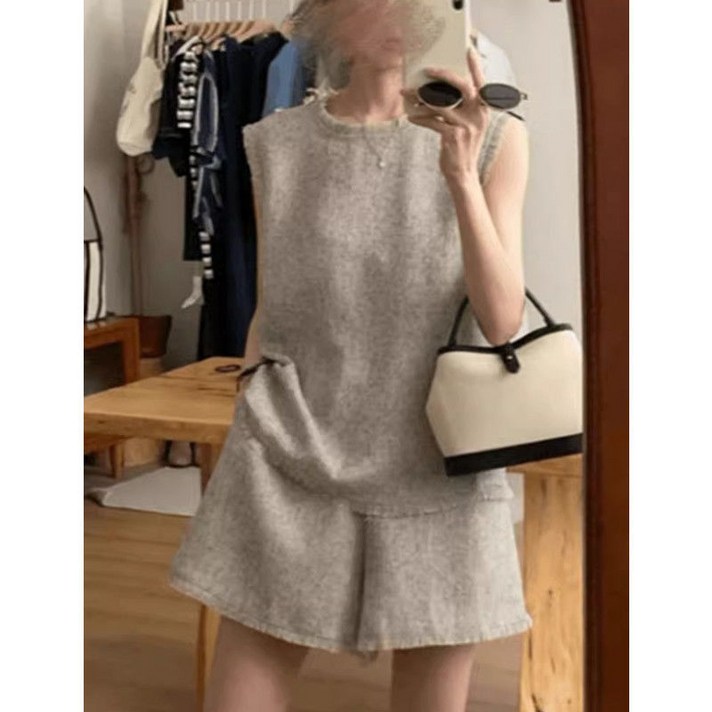 여성 반팔 트위드 세트 여름  루즈핏 슬림핏 민소매 상의  와이드 반바지 패션 기질 소향풍 투피스 빅사이즈 LJX