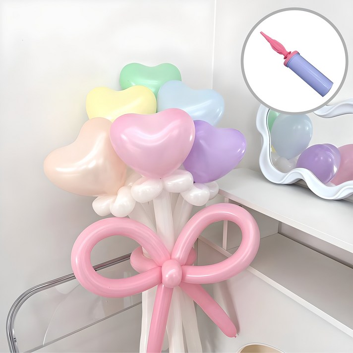 하트 풍선 믹스 꽃다발 DIY 세트 손펌프, 마카롱, 1세트 하트 풍선 믹스 꽃다발 DIY 세트 손펌프, 마카롱, 1세트