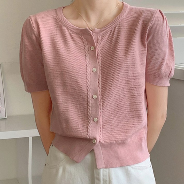 타니즈 여성용 이베인 쿨 라운드넥 퍼프소매 꽈배기 반팔 니트 가디건