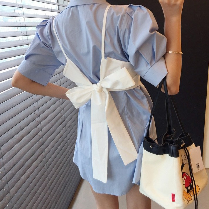 크루즈 앞뒤 리본 뷔스티에 퍼프 셔츠 미니원피스 투피스 세트 2color