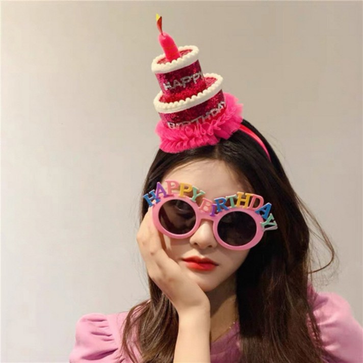 기억의소품 핑크레이스 생일머리띠  마카롱 생일파티안경 세트