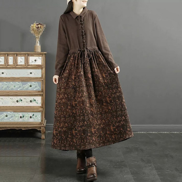 삼제태전 봄가을 여성 롱 셔츠 원피스 플로럴 디자인 중년 허리 조임 스타일