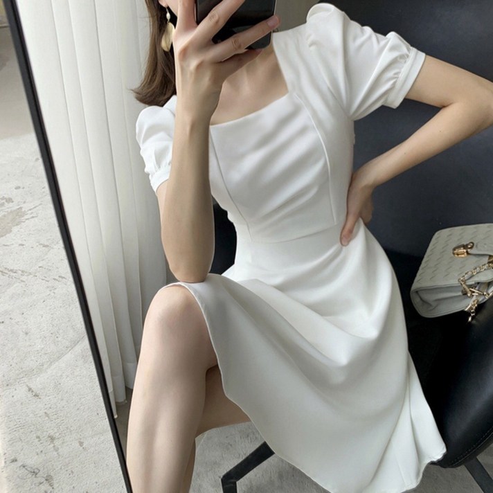 야오야오 여성용 스퀘어넥 퍼프소매 A라인 반팔 롱 원피스