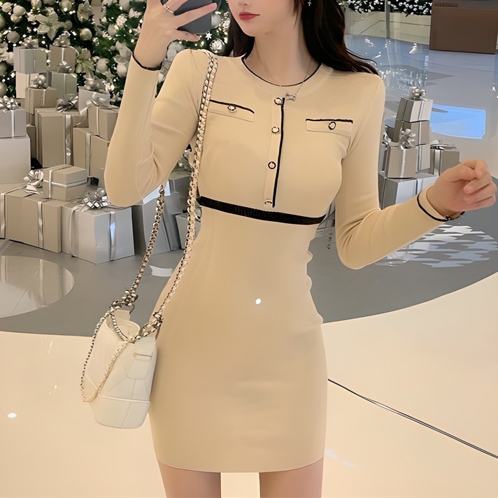 이노뱅크 여성 하객룩 포켓 버튼 슬림 미니 니트 원피스 INO1080 이노뱅크 여성 하객룩 포켓 버튼 슬림 미니 니트 원피스 INO1080
