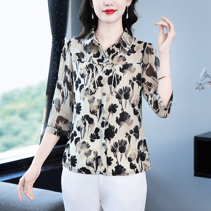 바니드 여성의류 정장패션 여름 7부소매 쉬폰셔츠 스타일리쉬 꽃무늬 블라우스 1081