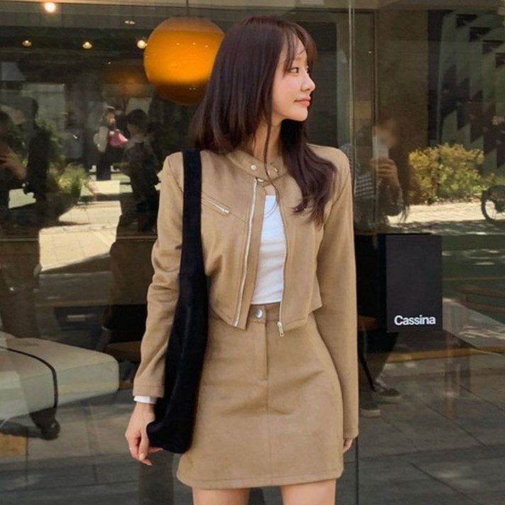 떳다그녀 포티넬 스웨이드 자켓 치마 투피스 세무 셋업 재킷 미니스커트 세트