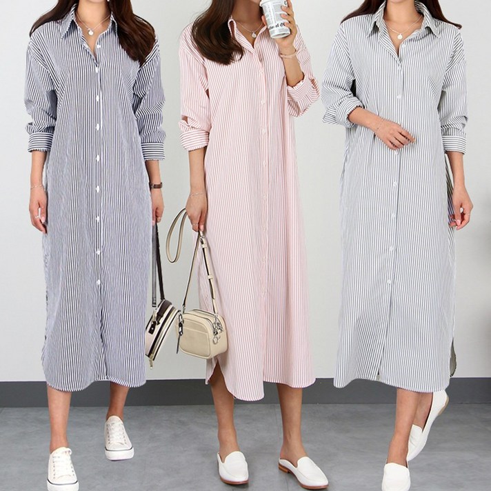 빅앤클로젯 빅사이즈여성의류 S3XL 오버핏 스트라이프 줄무늬 캐주얼 긴팔 봄 가을 롱셔츠 온리 ST 셔츠 원피스