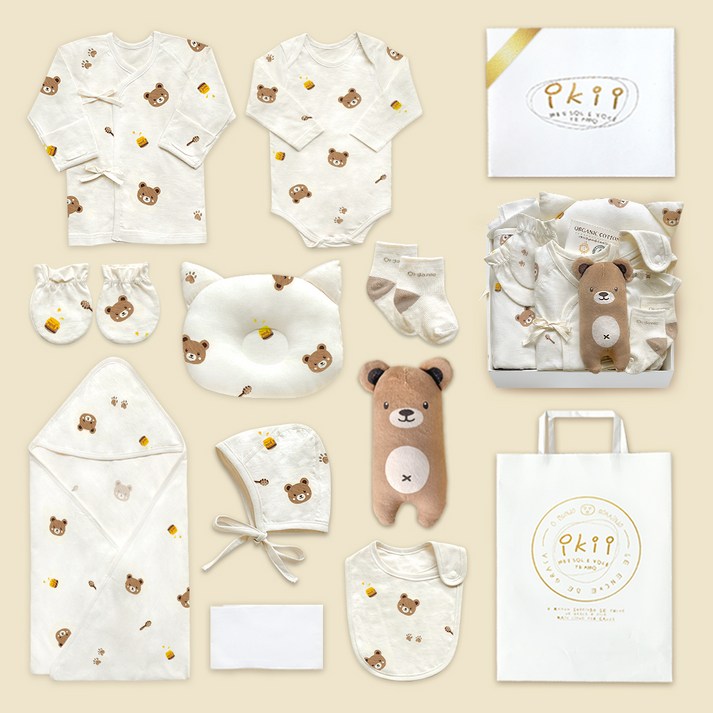 ikii 유아용 오가닉 배냇저고리 긴소매 10종 출산 선물세트 선물포장 + 쇼핑백