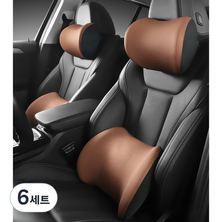 리버폭스 차량용 메모리폼 목 허리 쿠션 세트, 브라운, 6세트