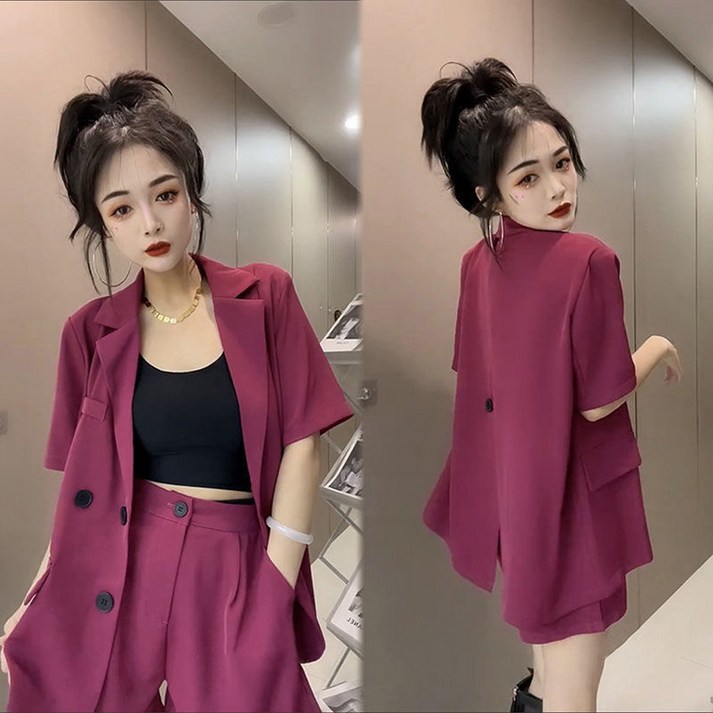 JUST FEELNG 여름 여성 빅사이즈 반팔 정장 자켓반바지 투피스 세트 얇은 루즈핏 세미정장 세트