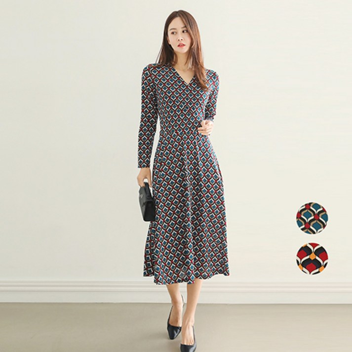 프롬코 여성 긴팔 랩스타일 옆셔링 롱 원피스 FRC122