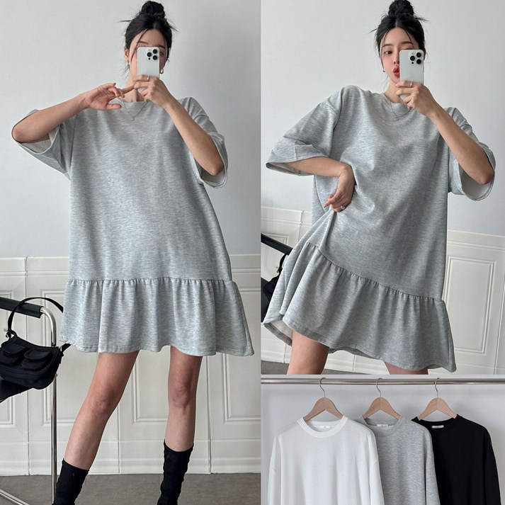 러브포텐 빅사이즈 여성 반팔 레이어드원피스 미니원피스 봄여름 밑단 셔링원파스 루즈핏 라운드넥 반팔롱티 원피스