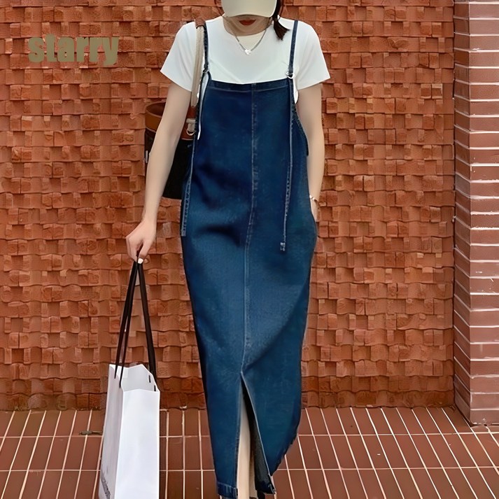 starry 나시 데님 원피스 여 여름 신상 루즈핏 트임 데님 롱스커트 얇은 학생 데님 멜빵 원피스
