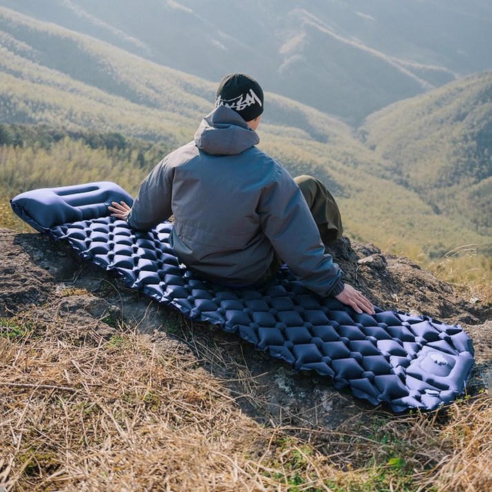 경량 캠핑 에어매트 접이식 자충매트 더블 두께 5cm 베개 일체형 에어매트 캠핑매트, 곤색