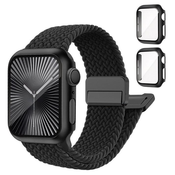 Fegwilde 애플워치 호환 마그네틱 브레이드 스포츠 루프 스트랩 보호 PC강화유리 풀커버 케이스 2개입11 10 9 8 7 6 5 4 3 울트라, 블랙블랙