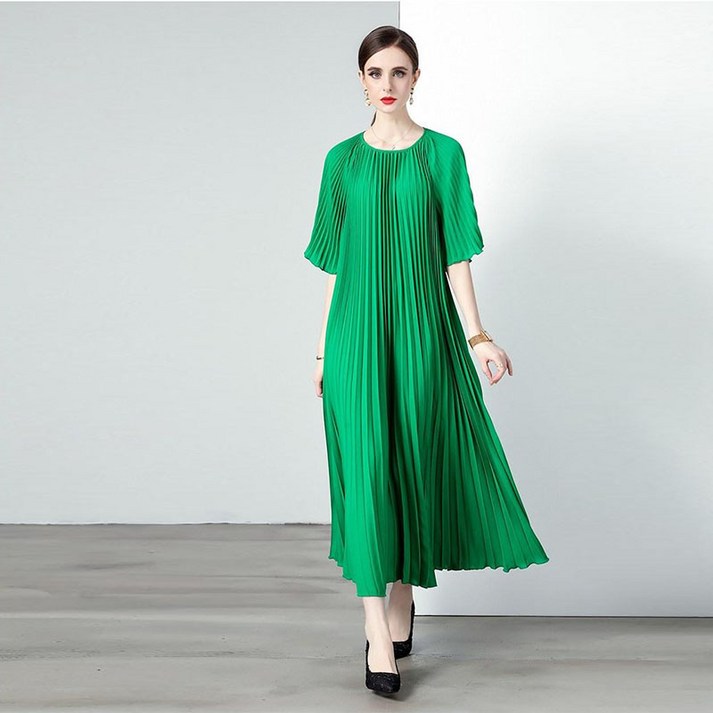 루스리더 여성 고급 라운드넥 쉬폰 벨트 주름 원피스 M96