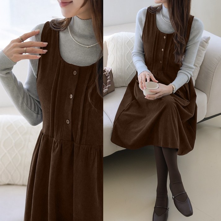 데일리앤 넨더슨 코듀로이 골덴 멜빵 뷔스티에 스트링 롱 원피스 봄 가을 겨울