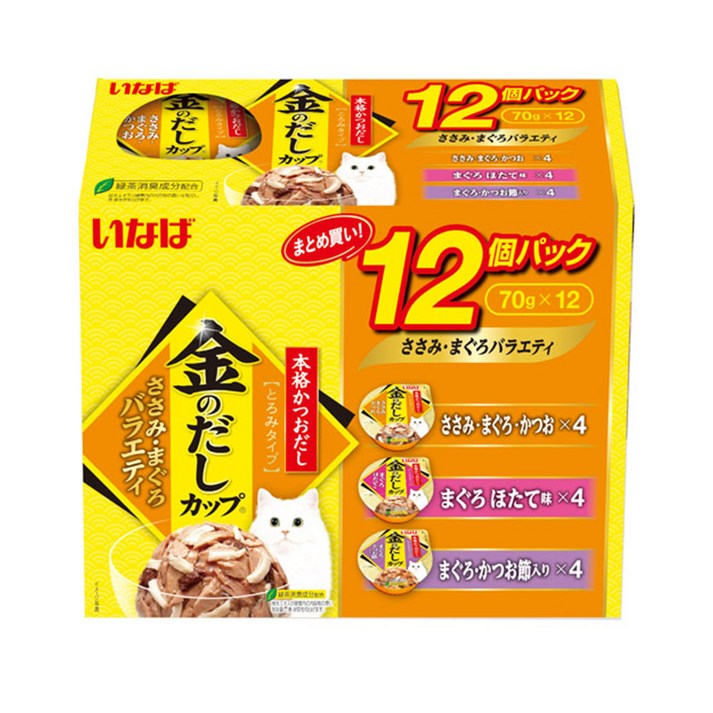 이나바 고양이 금빛육수컵 버라이어티 간식, 혼합맛(닭가슴살/참치), 70g, 12개