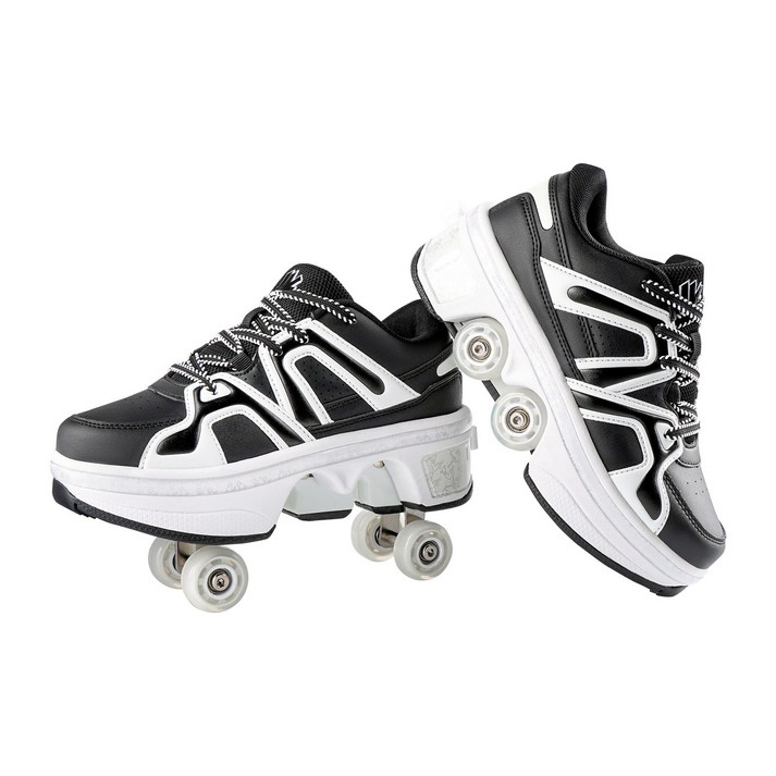 축소 가능한 롤러스케이트 성인 롤러스케이트 4륜 스케이트 밤에 빛나는 LED등 롤러스케이트, 흑백색502, 1개