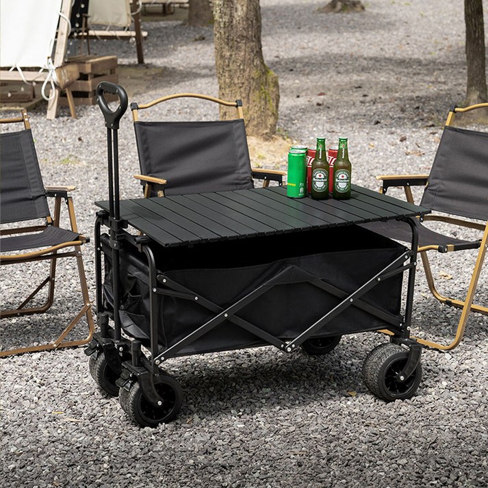 캠핑 폴딩 카트 접이식 웨건 특대형 100x58x51cm 8인치 와이드 바퀴 테이블 블랙 E120