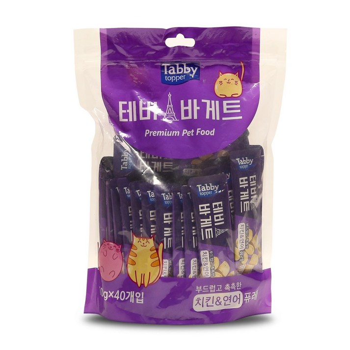 테비 바게트 10g 40개입 부드럽고 촉촉한 퓨레 고양이 간식, 테비 바게트 10g 40개 치킨연어, 10g