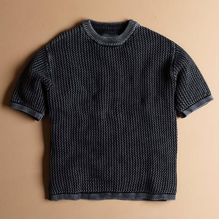 [MAHUUM] (이벤트 화이트 면 티셔츠 증정) 남자 반팔 꽈배기 오버핏 라운드 knit 예쁜 봄여름가을 간절기 줄무늬 면 라운드 니트티 - 투데이밈