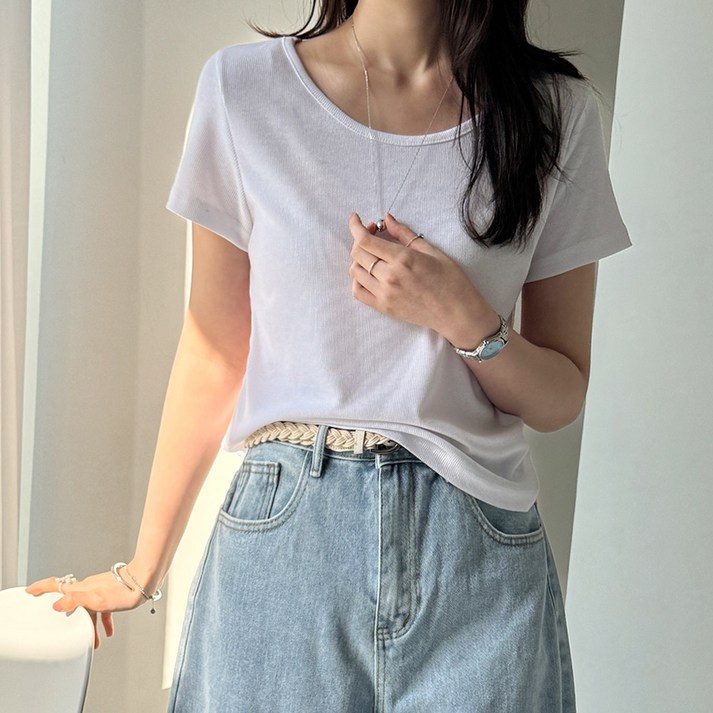 데일리앤 리커버 여성 기본 골지 스판 레이온 얇은 봄 여름 반팔 티셔츠