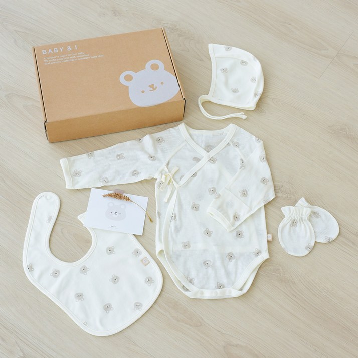 베이비앤아이 출산선물 여름 배냇슈트  턱받이  모자  손싸개, 고미, 1세트