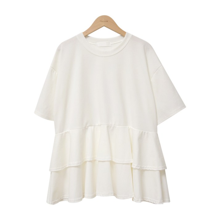 데일리앤 달리에 여성 루즈핏 반팔 2단 프릴 캉캉 플레어 훌 티셔츠 A라인 레이어드